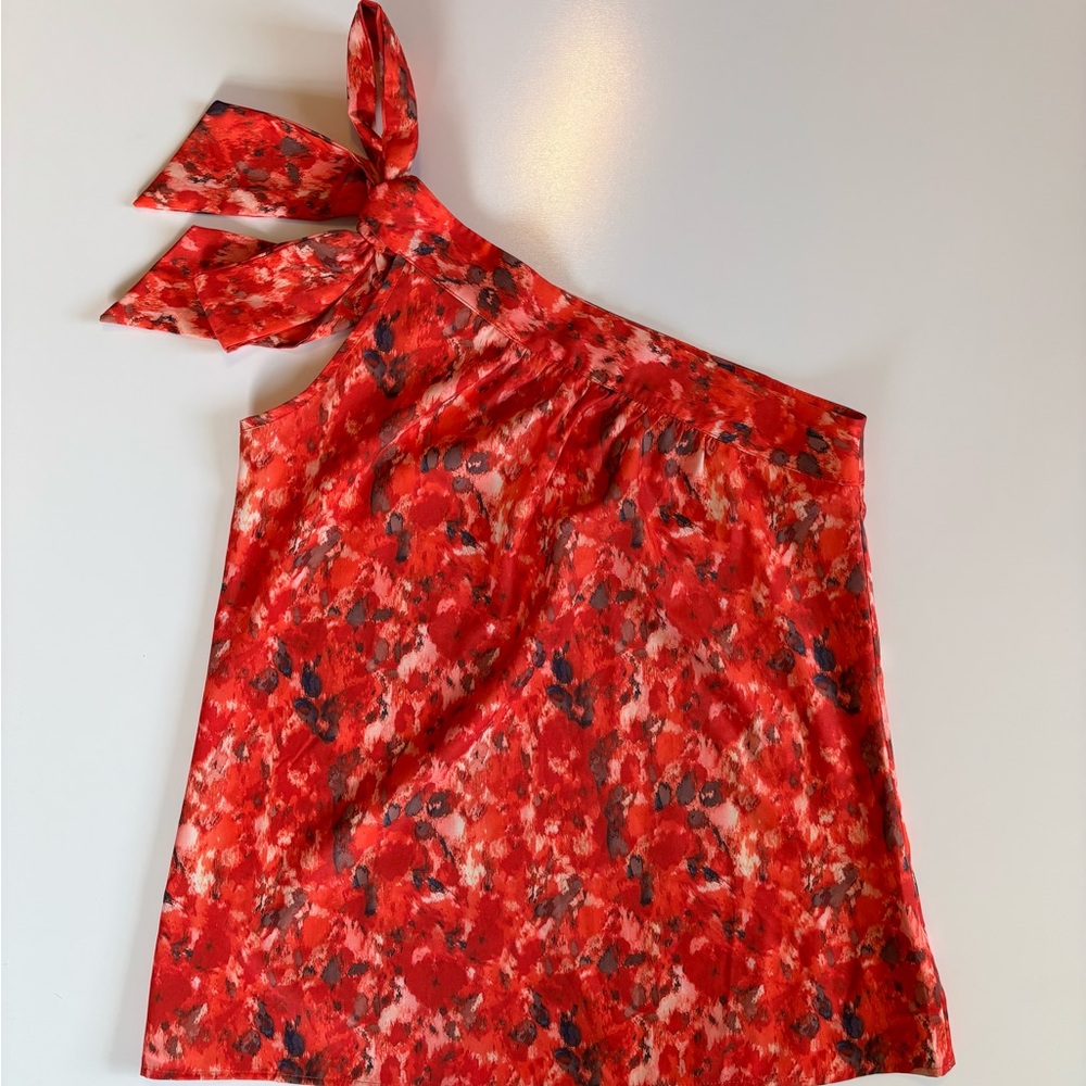 Vibrant Red, Brown, & White Asymmetrical Blouse, Ties into a Bow at one Shoulder